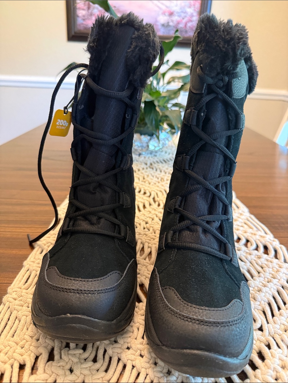 Columbia Black Faux-Fur Trim Winter Lace-Up Boots